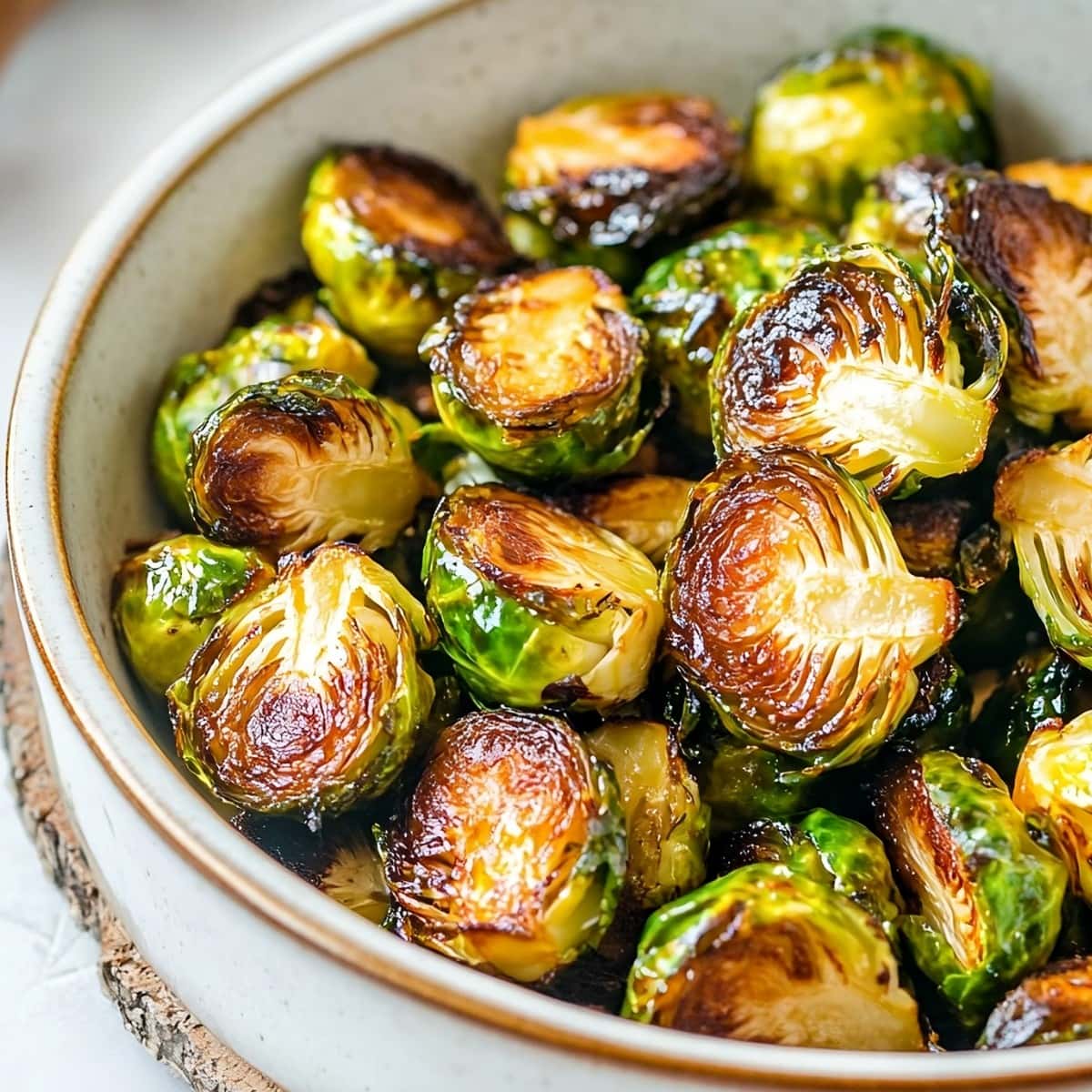 Close-up of caramelized Brussels sprout in a bowl.