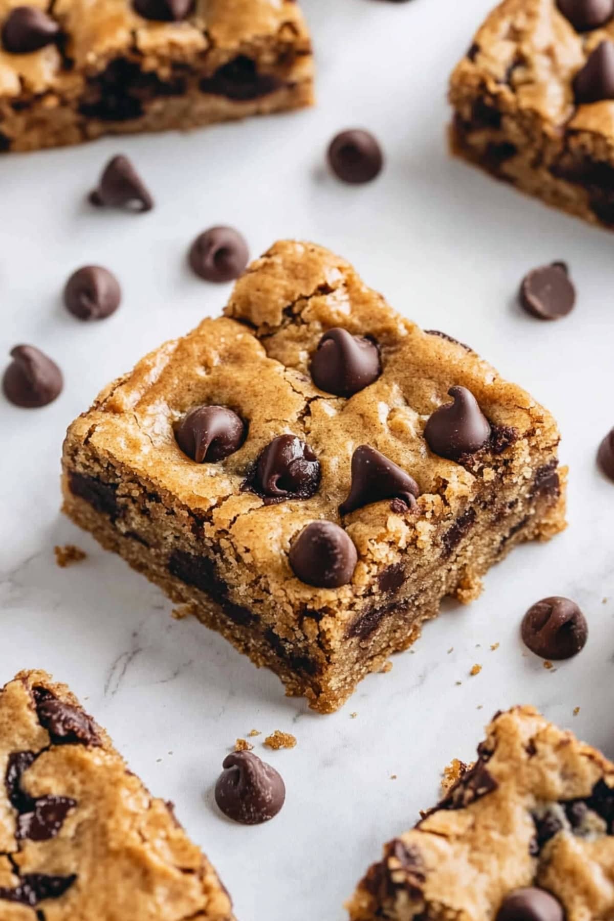 Homemade peanut butter bars with chocolate chips, close up