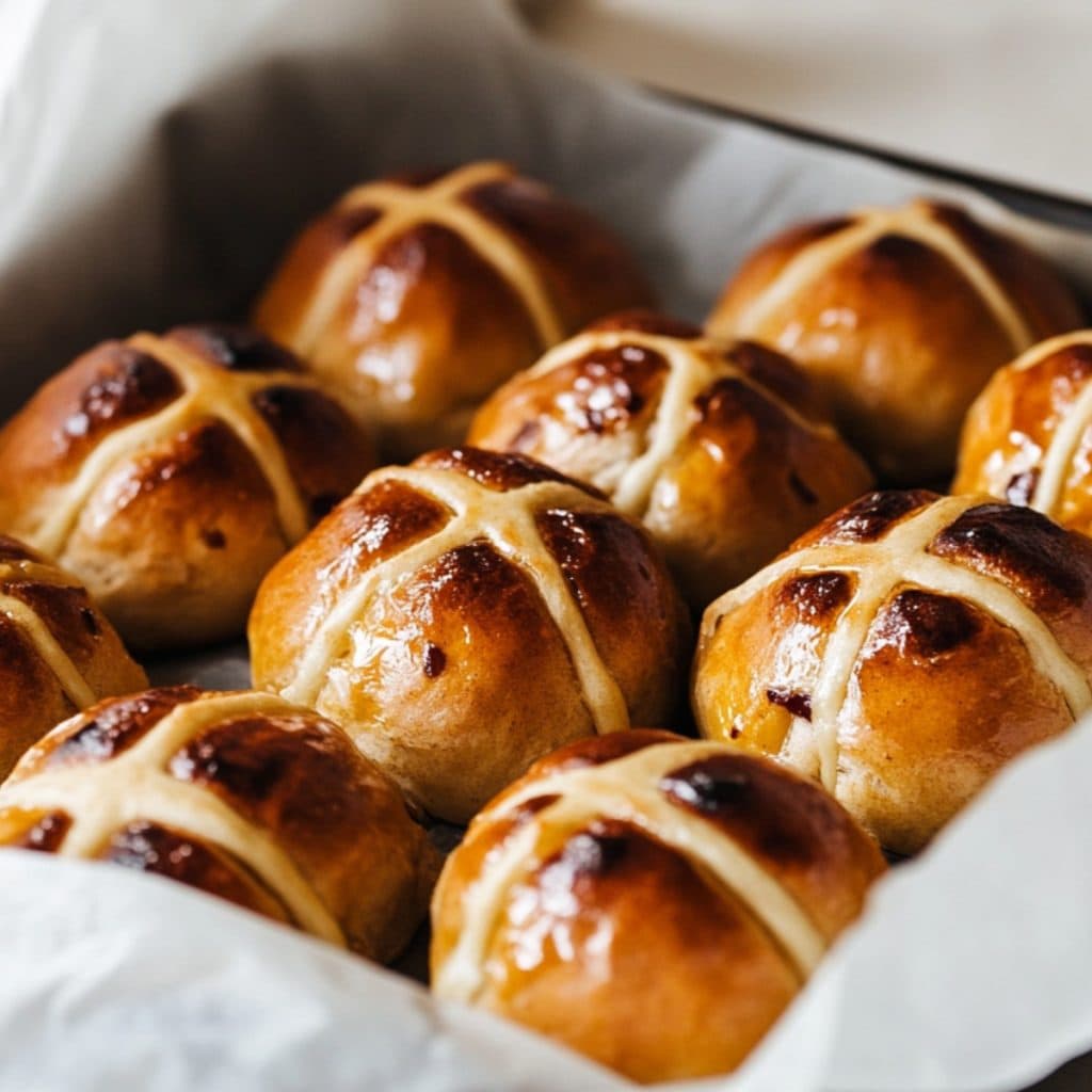 A close-up shot of a hot cross buns in a baking pan with parchment paper