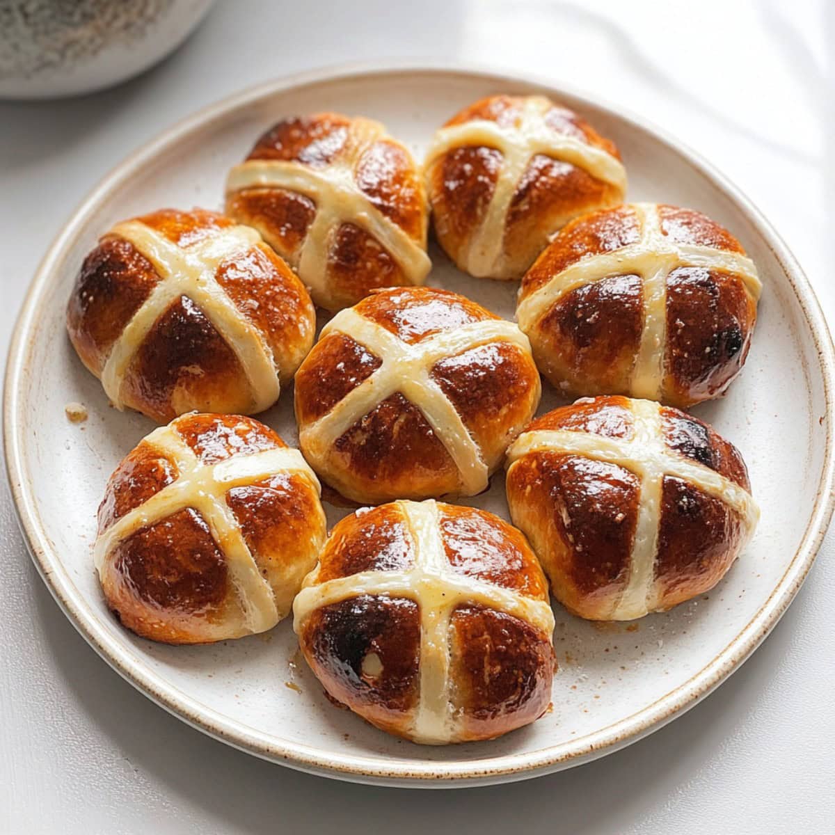 Soft and buttery hot cross buns on a plate.