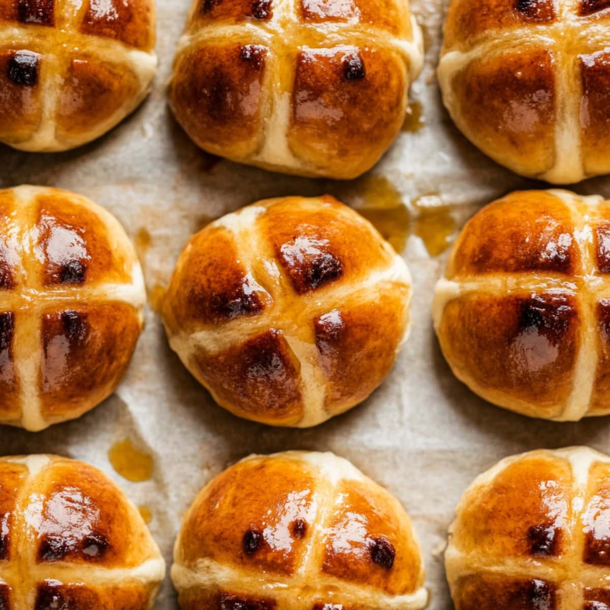 An overhead view of hot cross buns with apricot glaze on parchment paper.