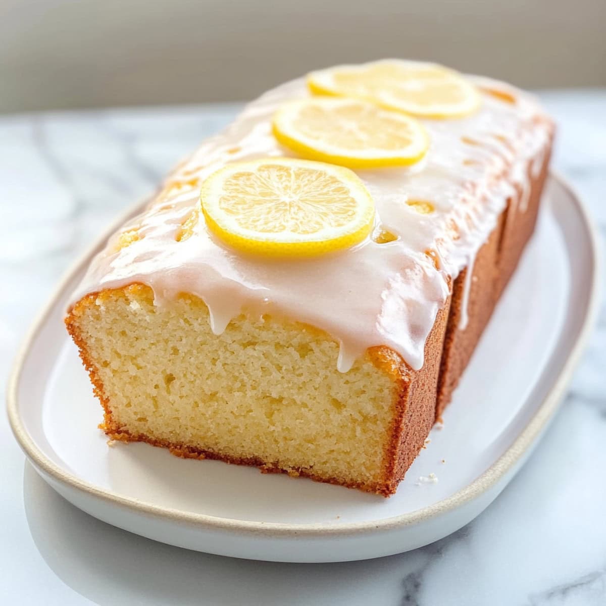 Soft and fluffy homemade lemon yogurt cake on a plate with fresh lemon slices