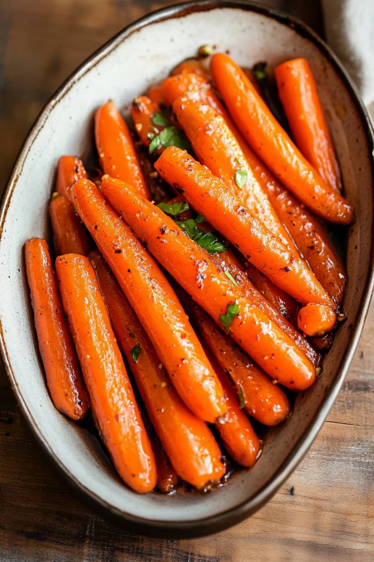 A serving of maple glazed carrots, with caramelized edges and a light drizzle of extra maple syrup.