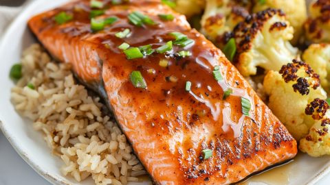 Easy, sweet and savory maple glazed salmon with rice.