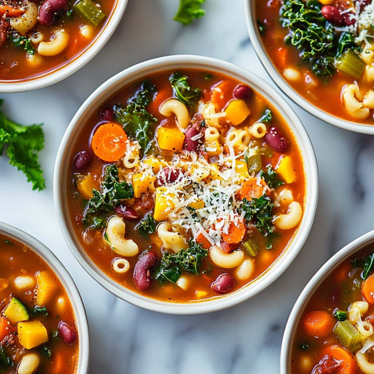 Top view of  servings of minestrone soup in small bowls.