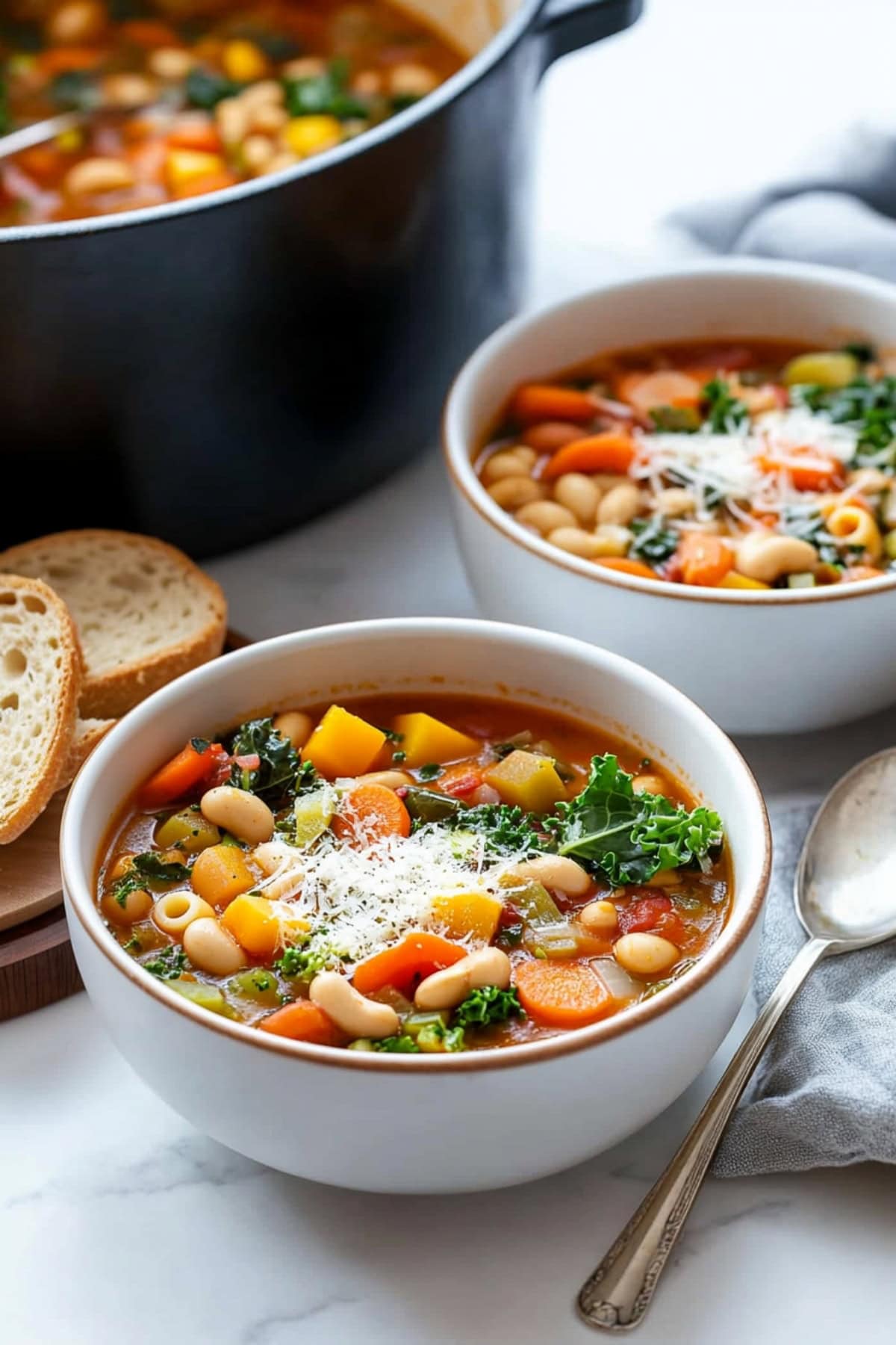 Two servings of minestrone soup in a white bowl sitting next to a large pot.