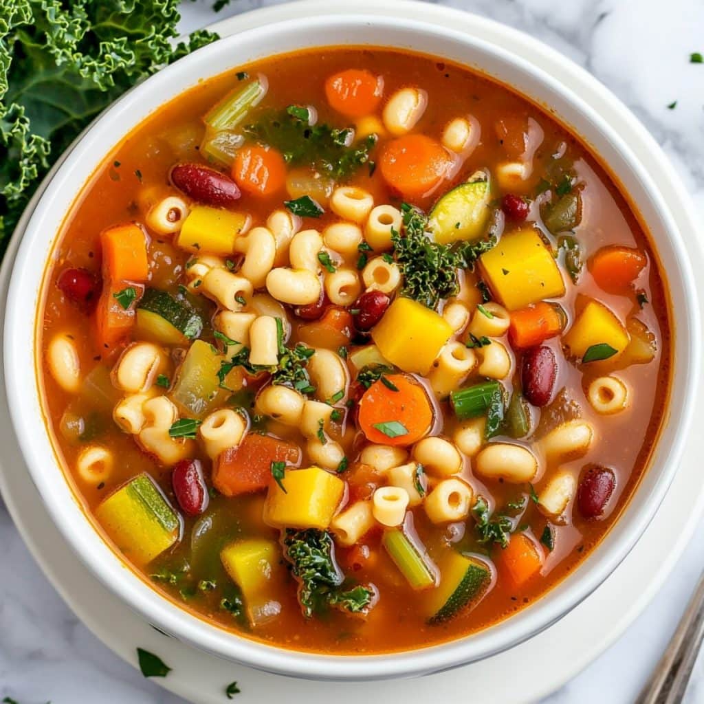 Minestrone soup served in a white bowl with veggies, beans and pasta cooked in tomato base soup.