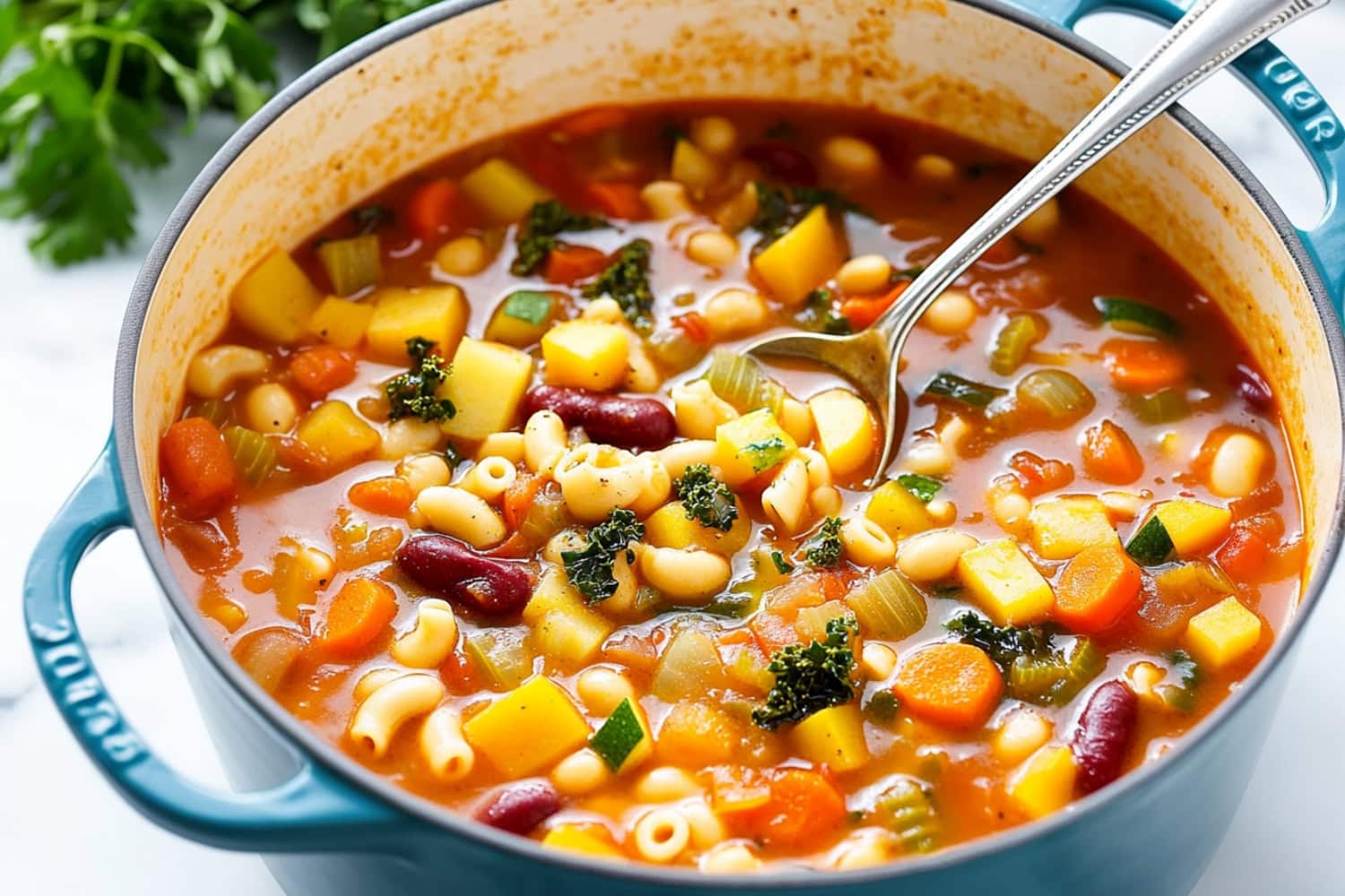 Minestrone soup with beans, pasta and chopped veggies cooked in tomato base soup.