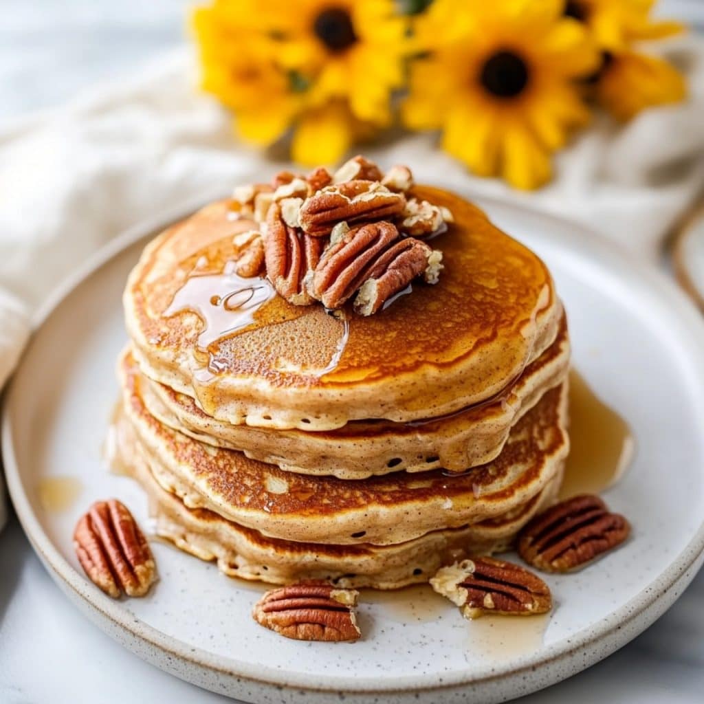 Soft, golden brown pancakes with pecans and maple syrup drizzled on top.