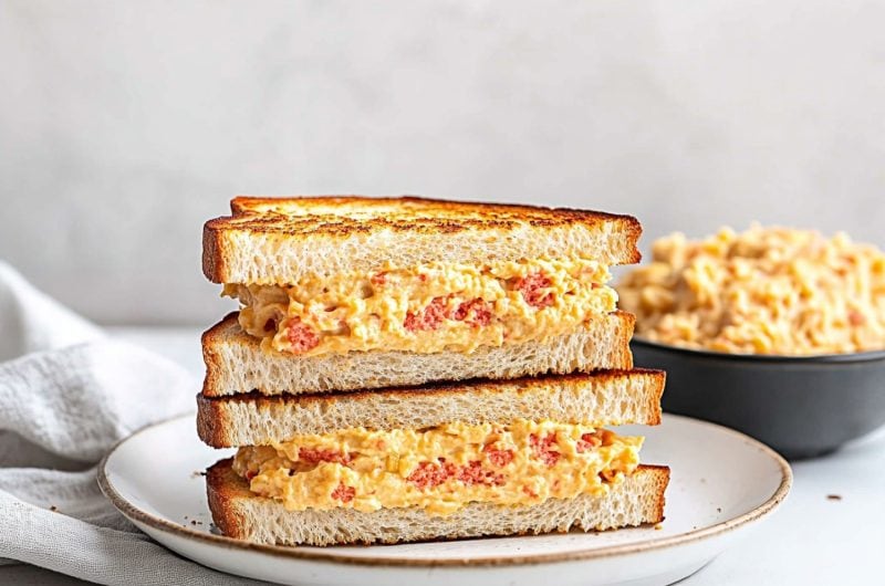 Pimento cheese sandwiches sliced in half served on a white plate.