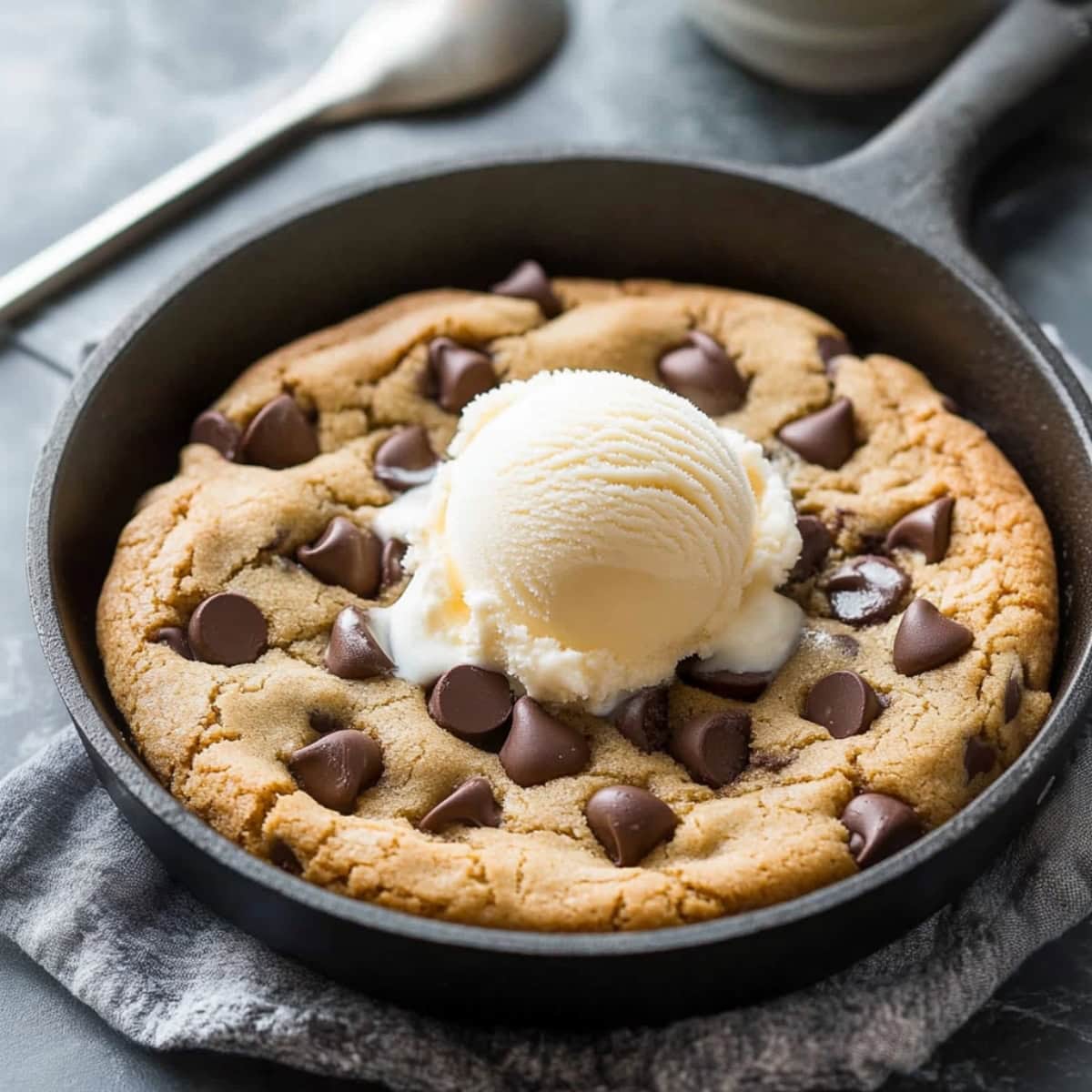 Chewy and gooey homemade chocolate chip skillet cookie, served with a scoop of ice cream.