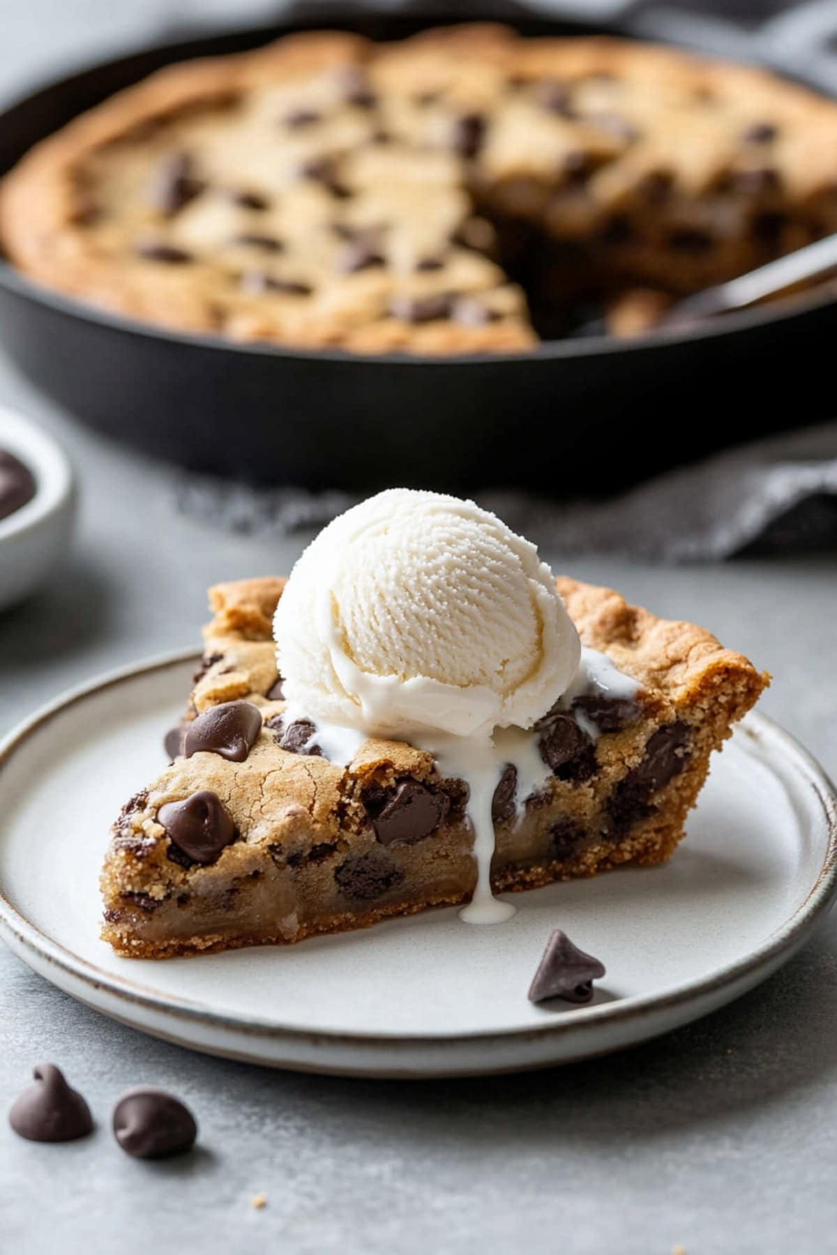 Sliced homemade pizookie topped with a scoop of ice cream on a plate