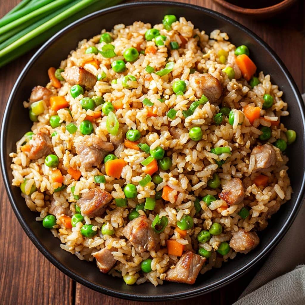 Hot pork fried rice  with mixed vegetables in a wooden table.