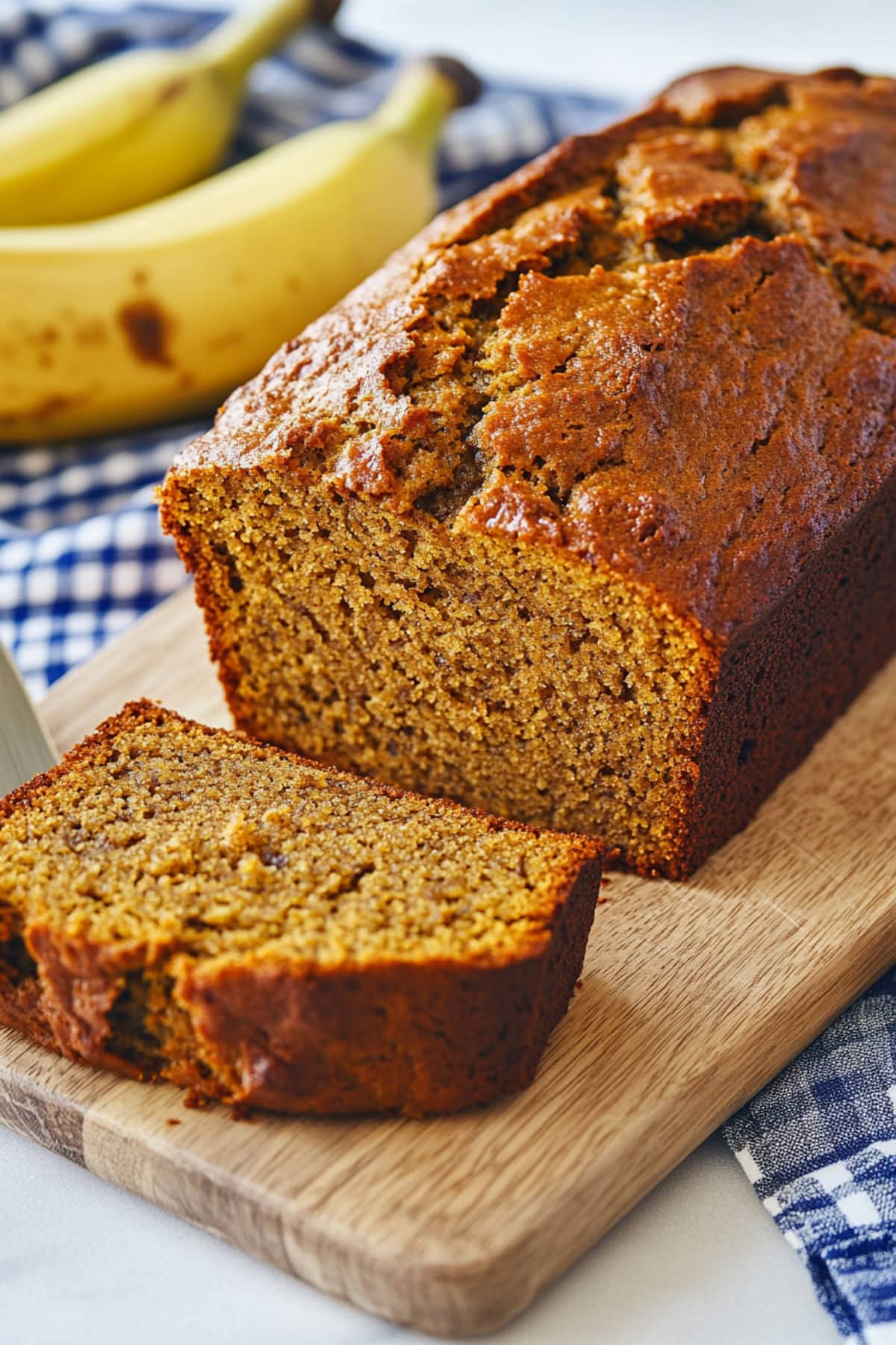 A loaf of pumpkin banana bread, sliced to reveal its moist, tender interior in a wooden board.