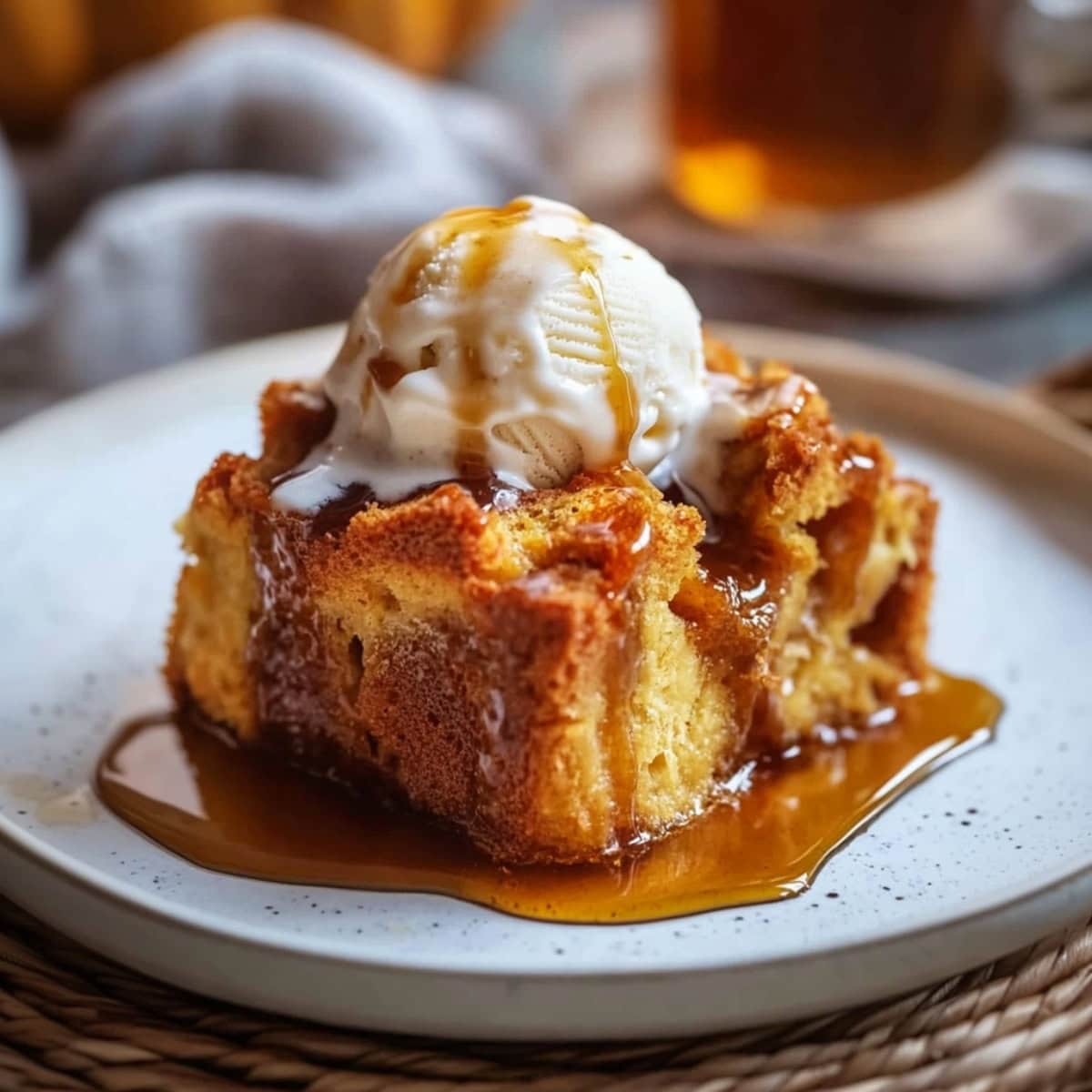 Serving of pumpkin bread pudding with a scoop of ice cream on a plate