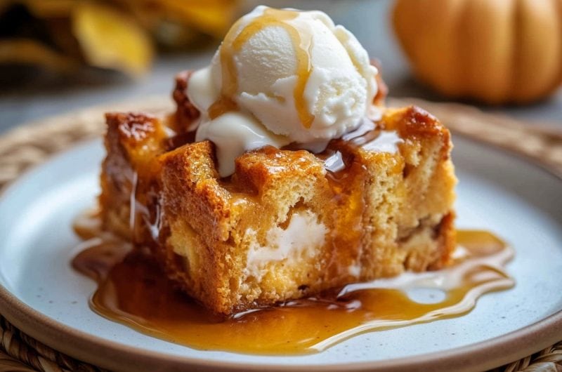 Pumpkin bread pudding with a scoop of ice cream on top and drizzle with caramel sauce.