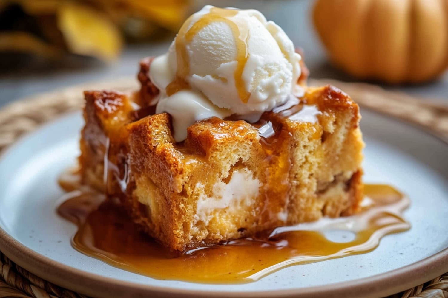 Pumpkin bread pudding with a scoop of ice cream on top and drizzle with caramel sauce.