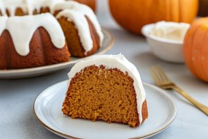 Slice portion of pumpkin bundt cake with whole pumpkin in the background.