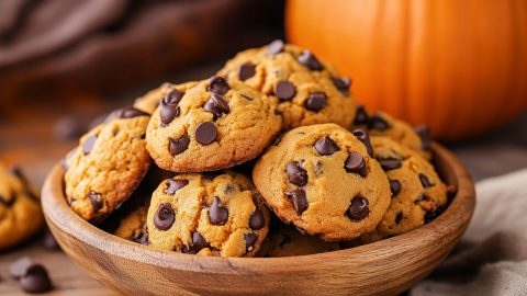 Melt-in-your-mouth pumpkin chocolate chip cookies in a wooden bowl.