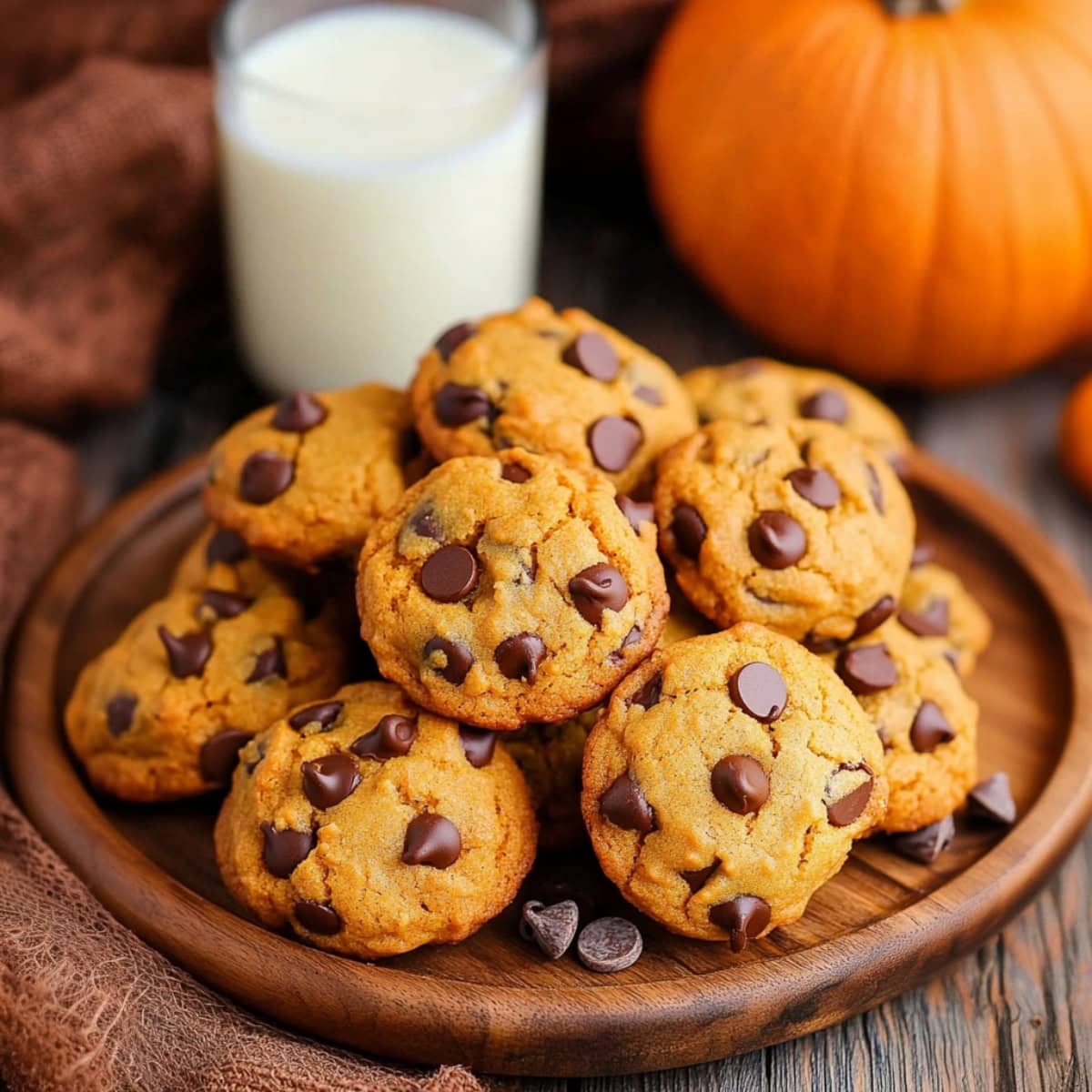 A pile of pumpkin chocolate chip cookies on a wooden plate.