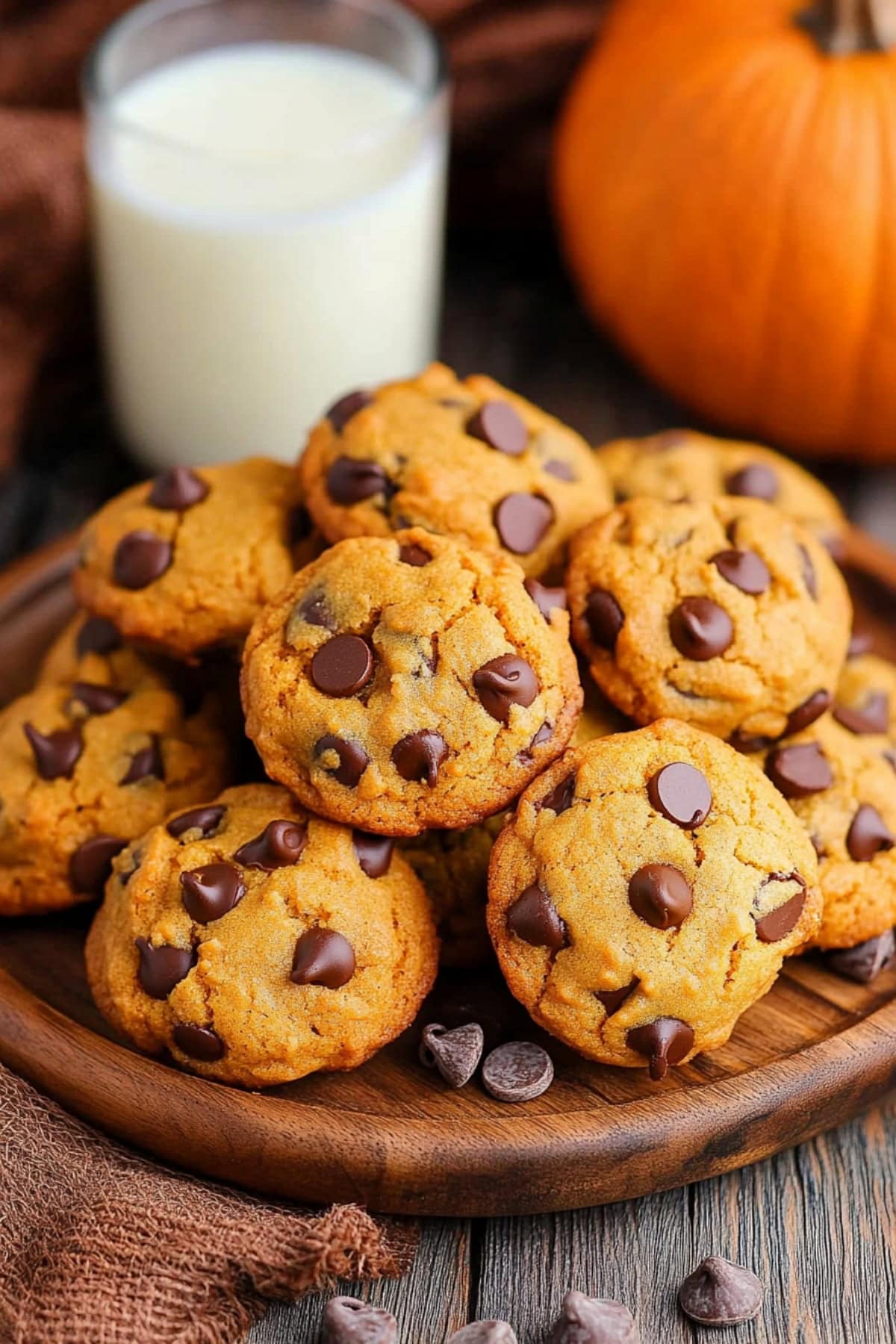 Soft and chewy homemade pumpkin chocolate chip cookies, served on a plate with milk on the side.