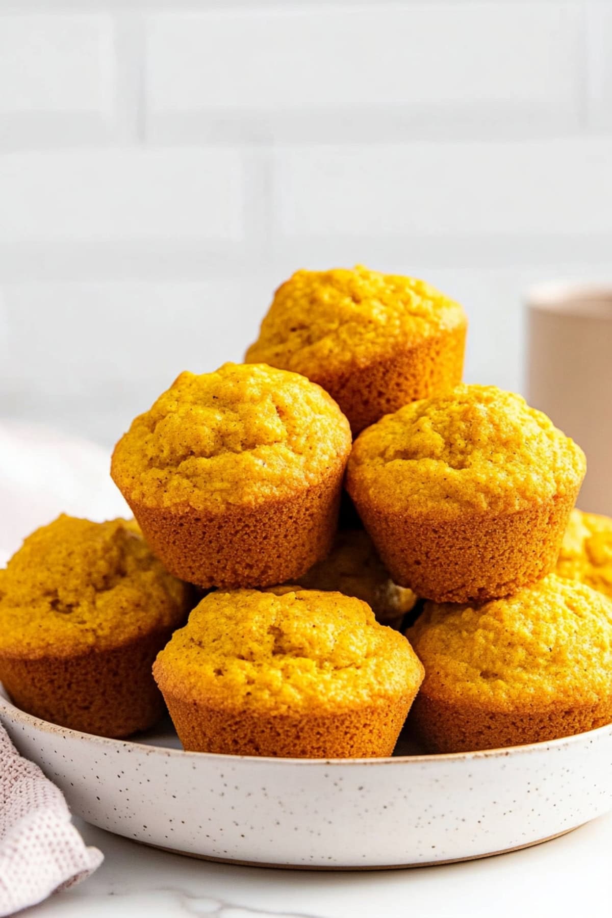 Homemade pumpkin cornbread muffins piled a bowl.