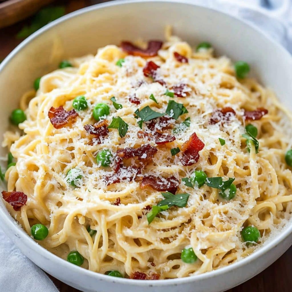 Ramen carbonara with green peas, chopped bacon and parsley served in a white bowl.