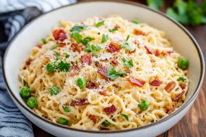 Ramen carbonara pasta garnished with chopped parsley, parmesan cheese and bacon served in a white bowl.