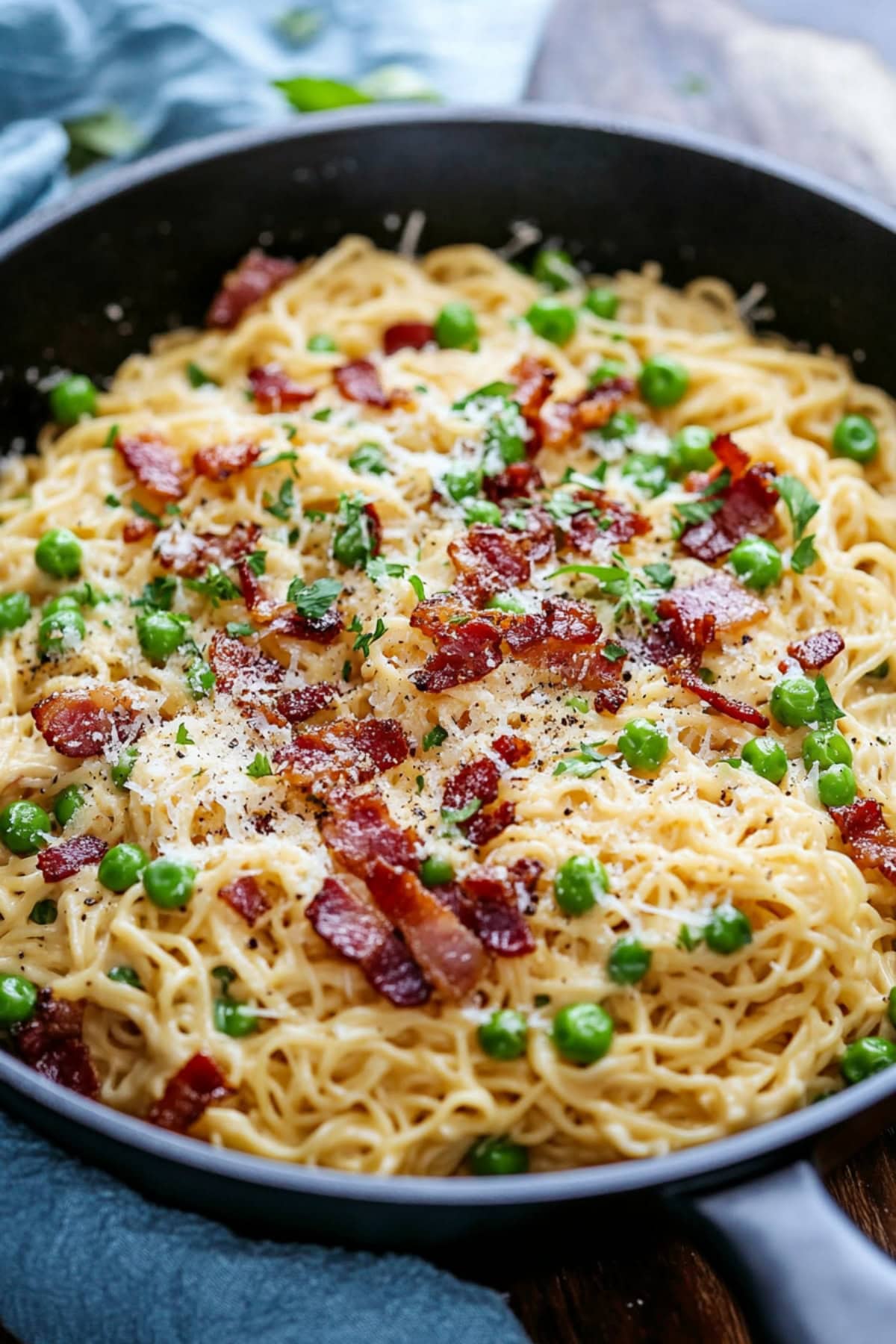 Ramen carbonara in a skillet pan. 