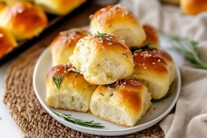 A plate of freshly baked rosemary dinner rolls, glistening with a light butter glaze.