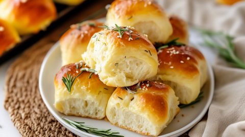 A plate of freshly baked rosemary dinner rolls, glistening with a light butter glaze.