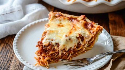 Cheesy and meaty homemade baked spaghetti pie.