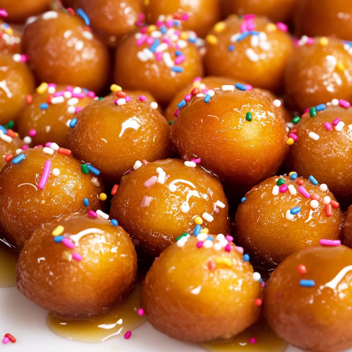 An close up shot of struffoli, the honey-drizzled balls nestled together with sprinkles scattered on top.