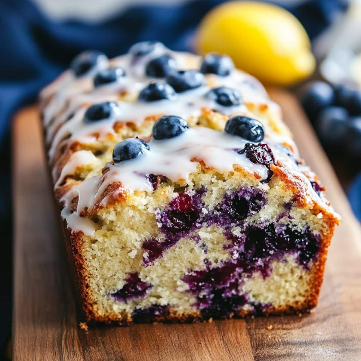 Moist and fluffy homemade blueberry yogurt cake sliced on a chopping board, side view