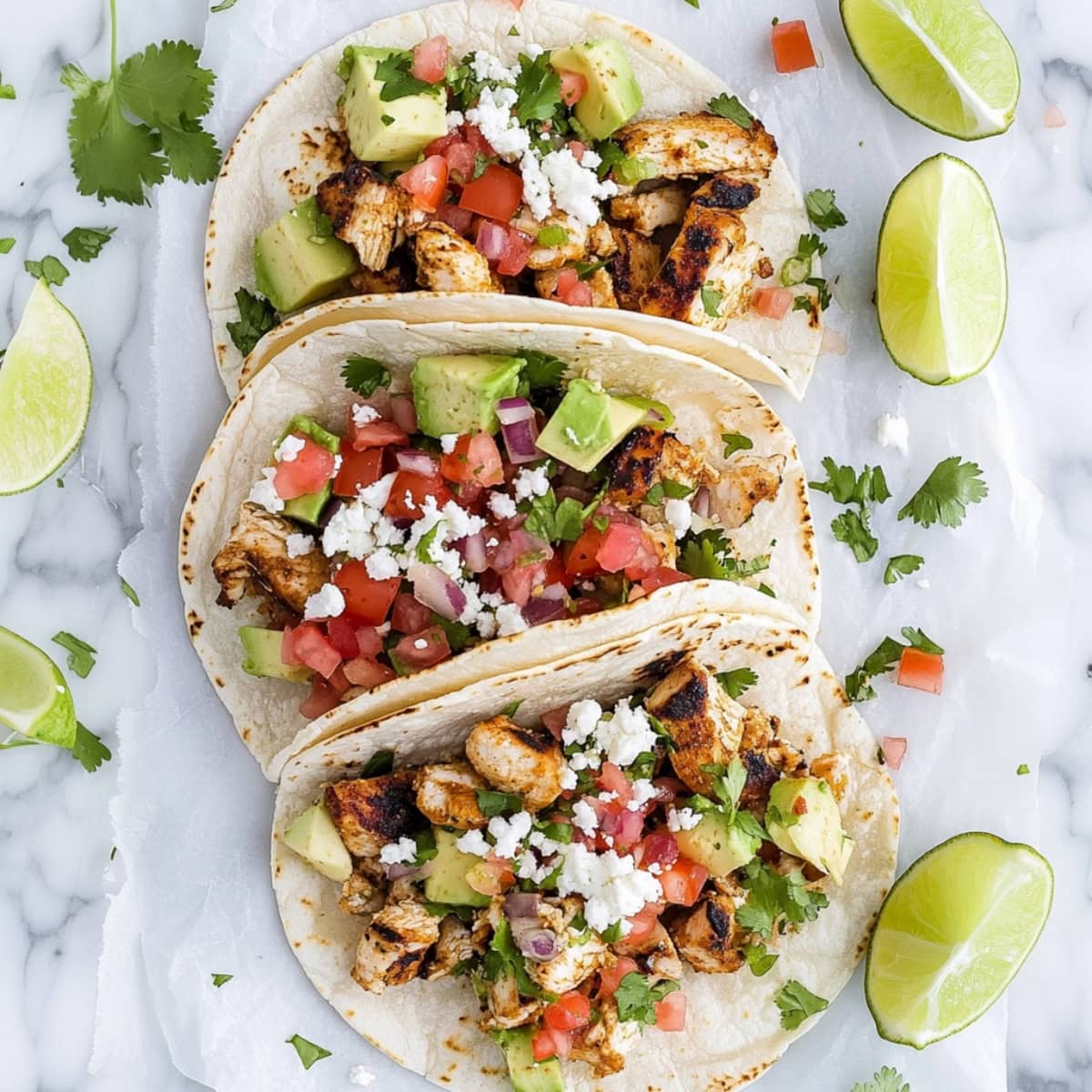 Easy and delicious homemade cilantro lime tacos with veggies and cheese.