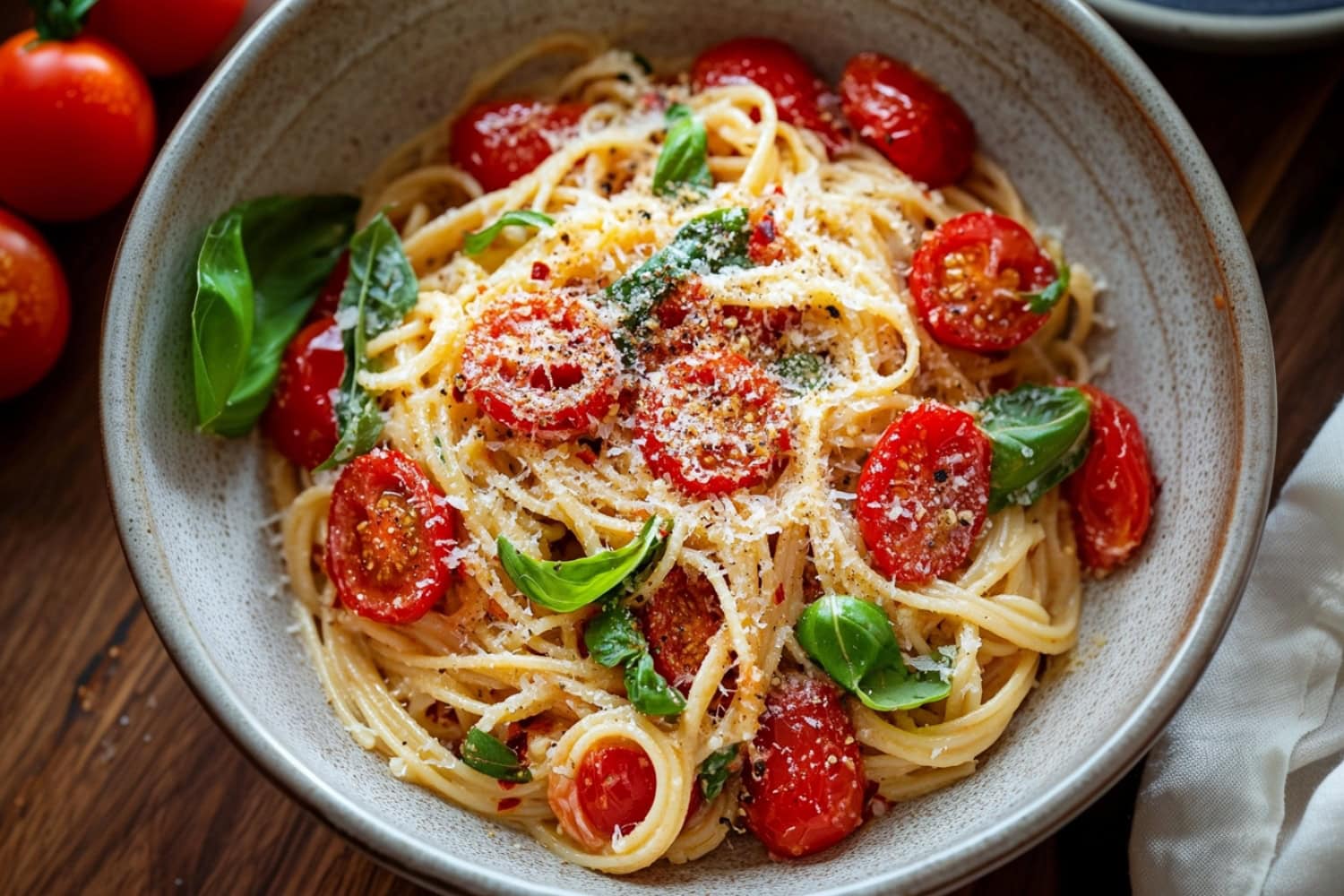 Tomato basil pasta served on a rustic plate, with a drizzle of olive oil and a sprinkle of black pepper and grated parmesan.