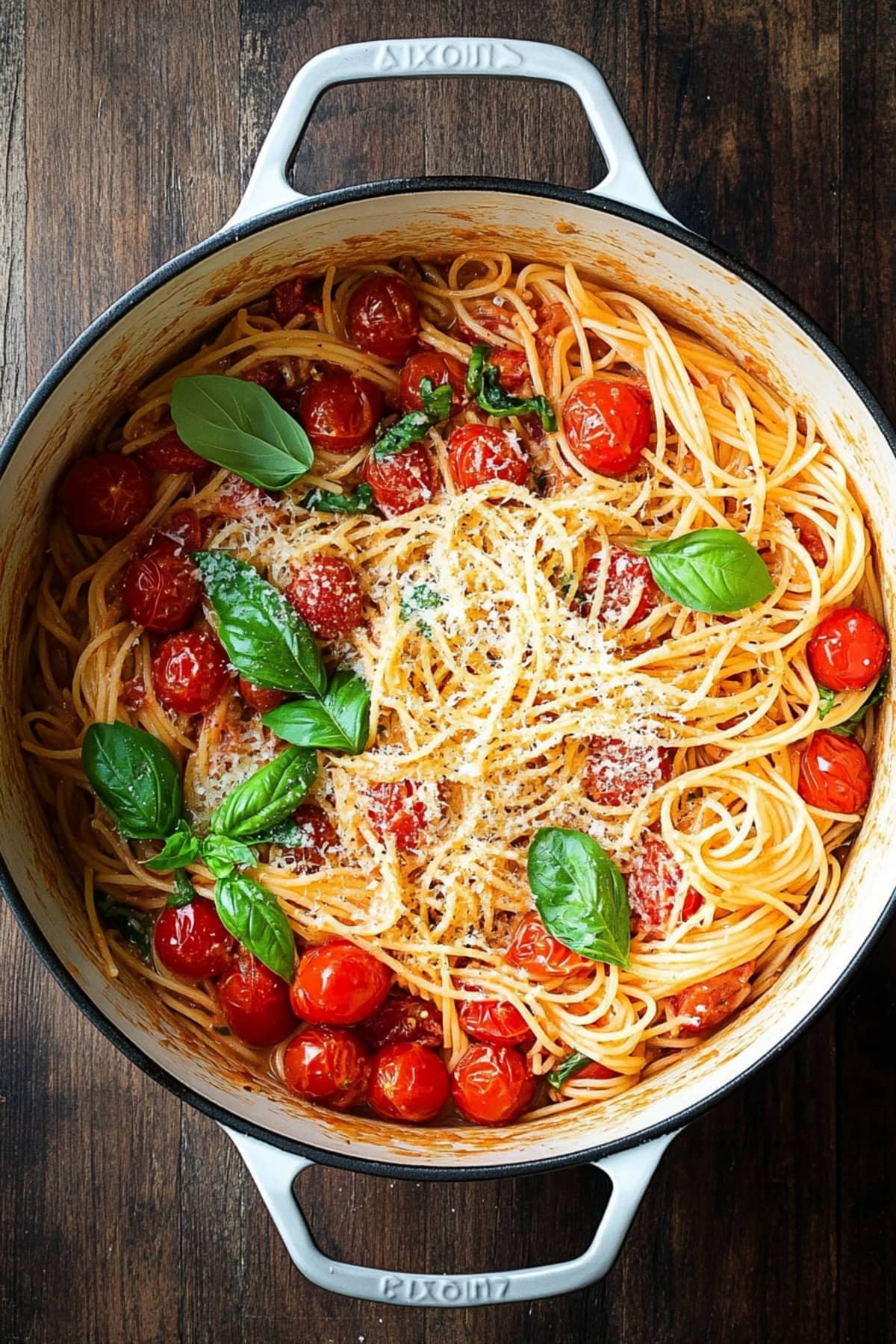 A large skillet filled with tomato basil pasta, overhead view.