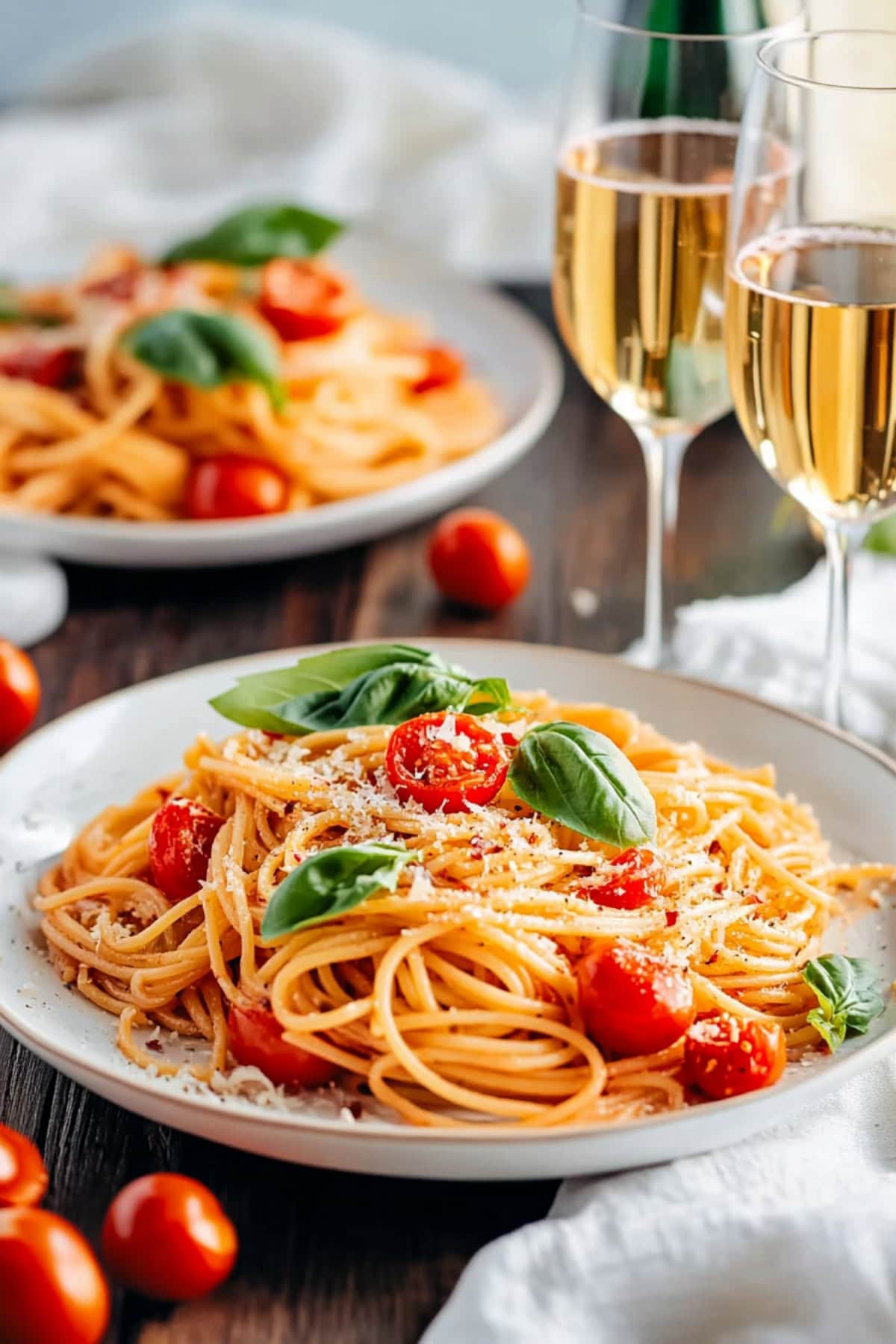 Tomato basil pasta resting on a plate, accompanied by a glass of red wine in the background.