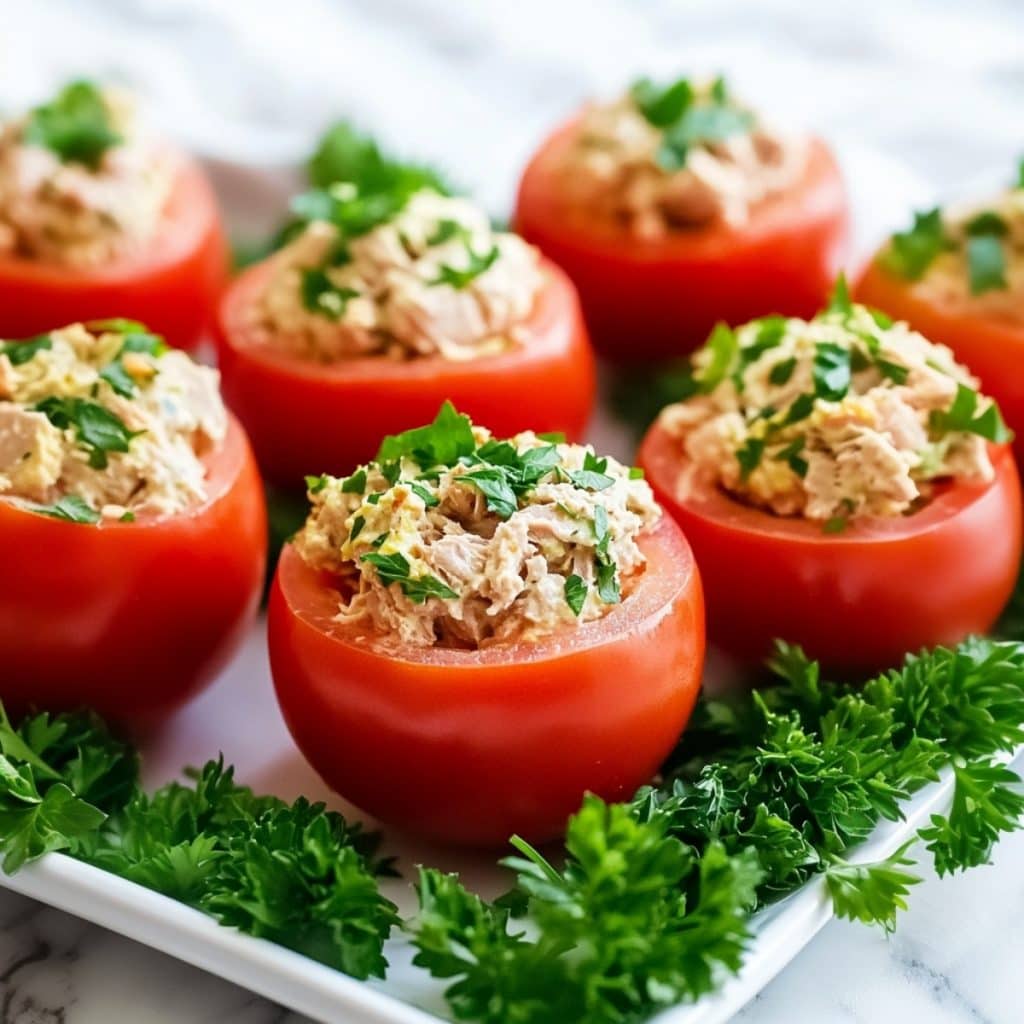 Tuna mixture stuffed large ripe tomatoes arranged in a pan.