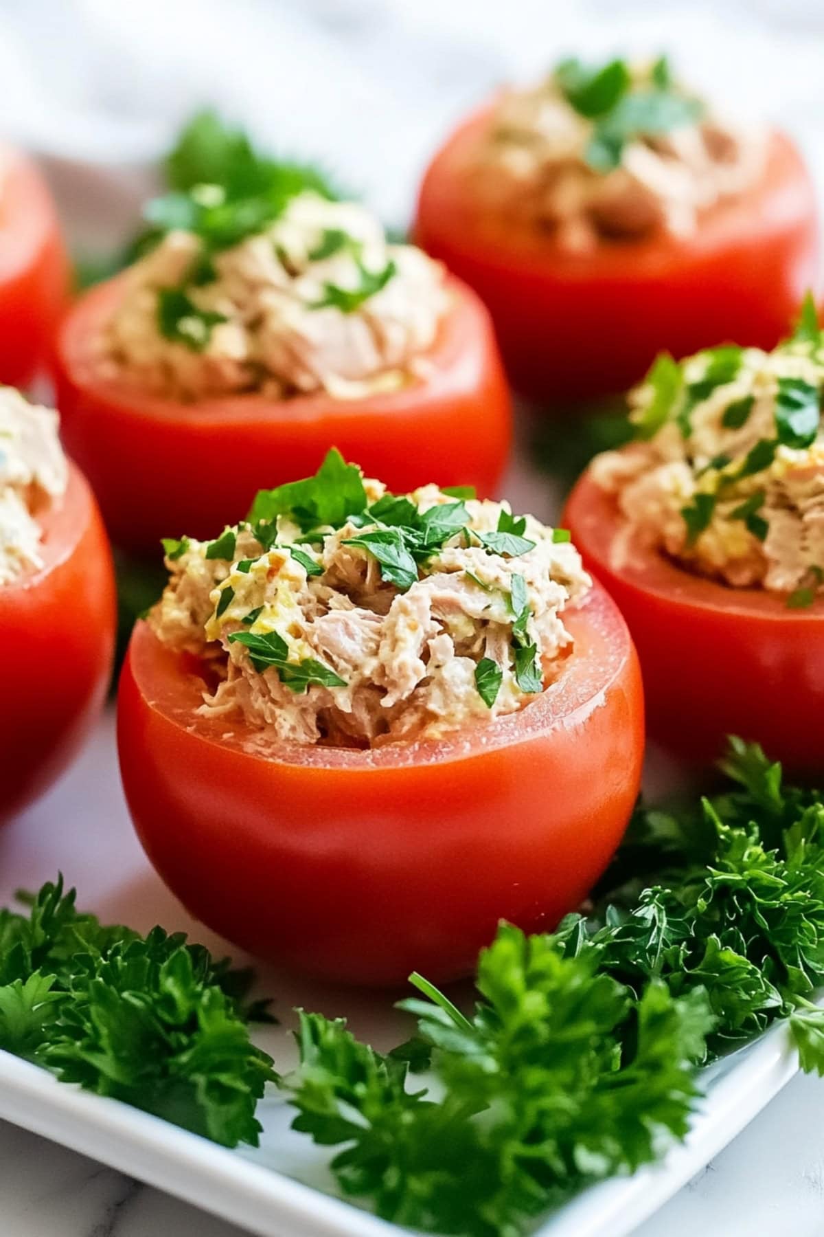 Bunch of large tomatoes stuffed with tuna mixture arranged in a white pan.