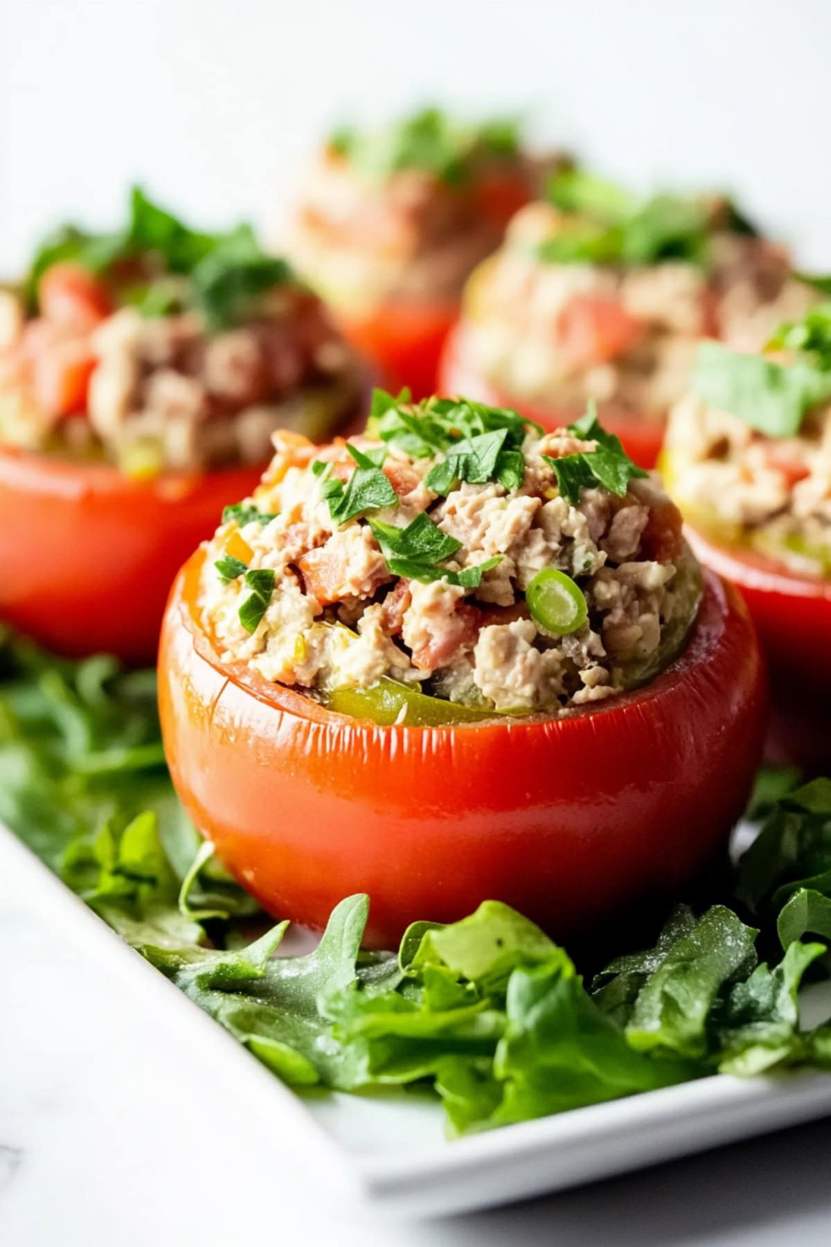 Large tomatoes stuffed with tuna mixture arranged in a bed of Arugula leaves.