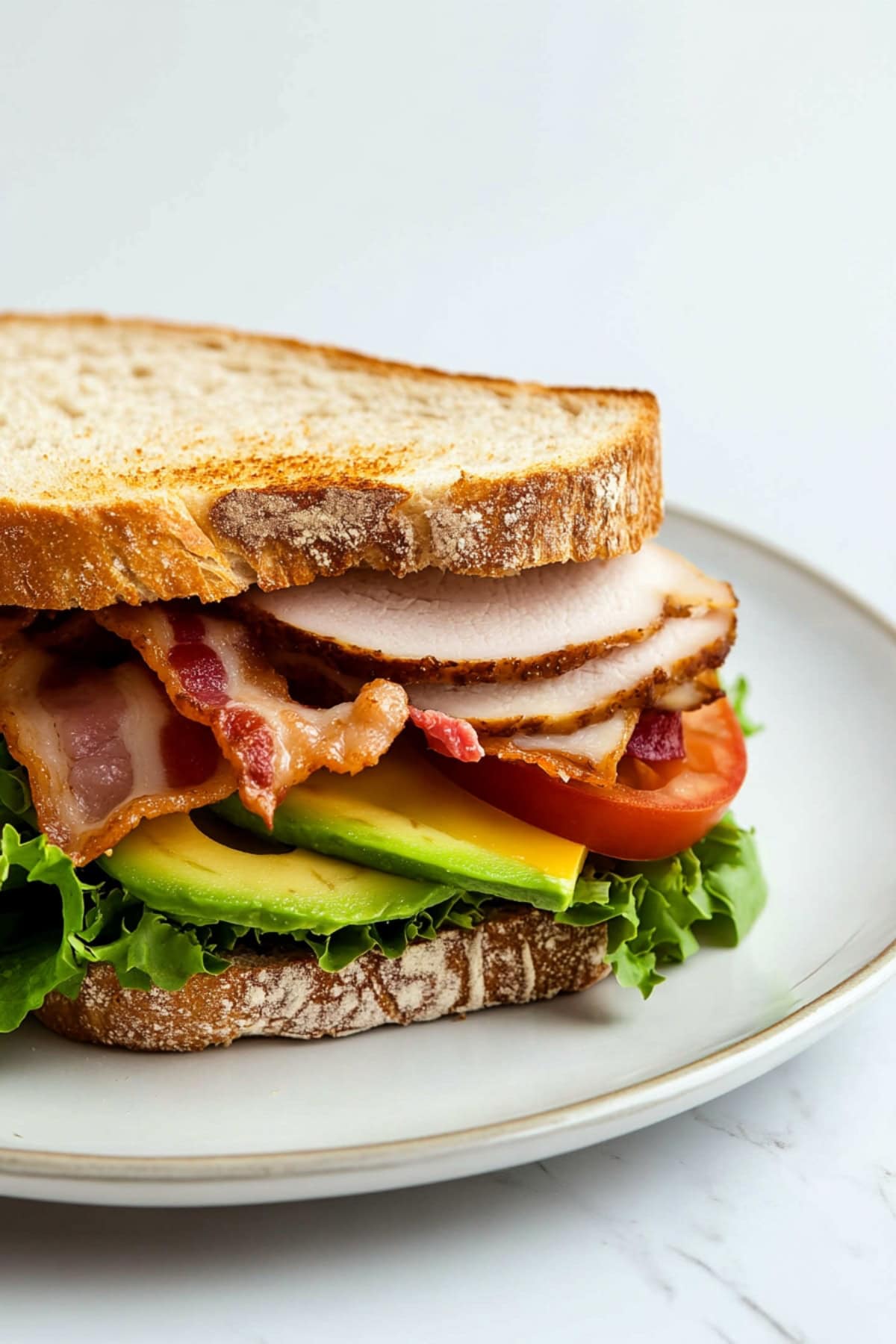 Sandwich with turkey, bacon, tomato, lettuce and cheese filling served in a white plate.