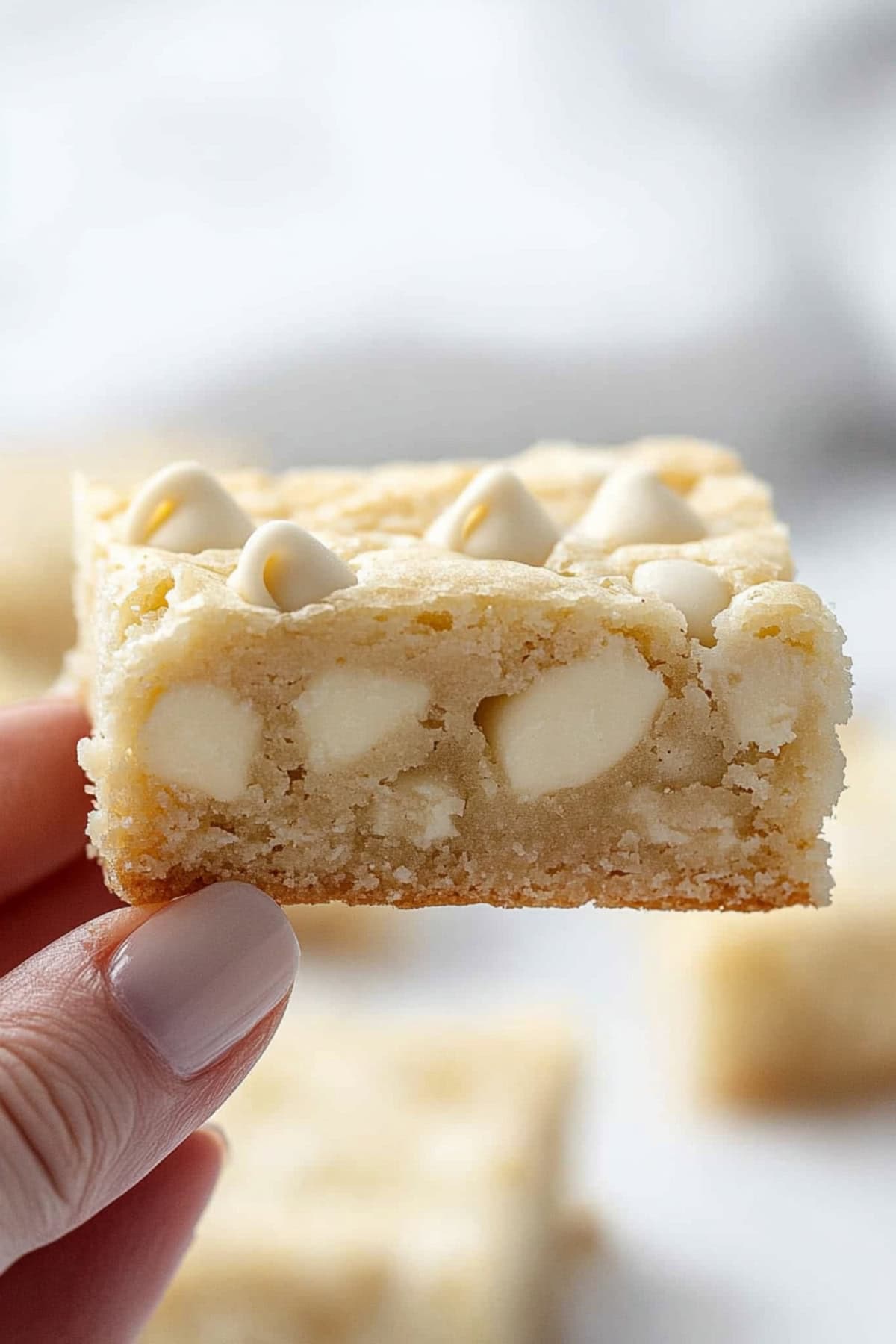 Hand holding a piece of white chocolate brownie showing the fudgy texture and chunks of chocolate from the side, close up