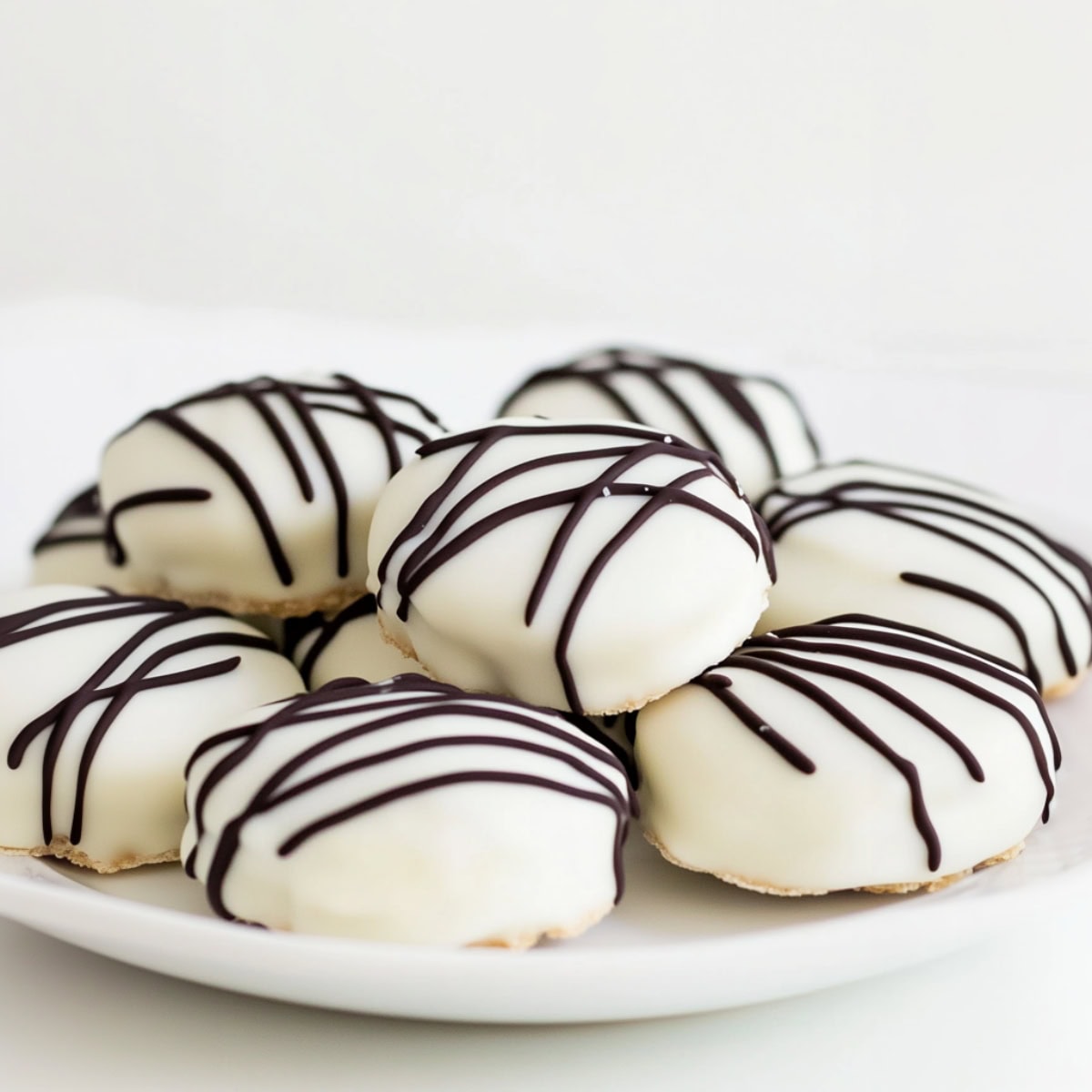 Oreo cookies coated in creamy white chocolate, with a decorative dark chocolate drizzle on top.