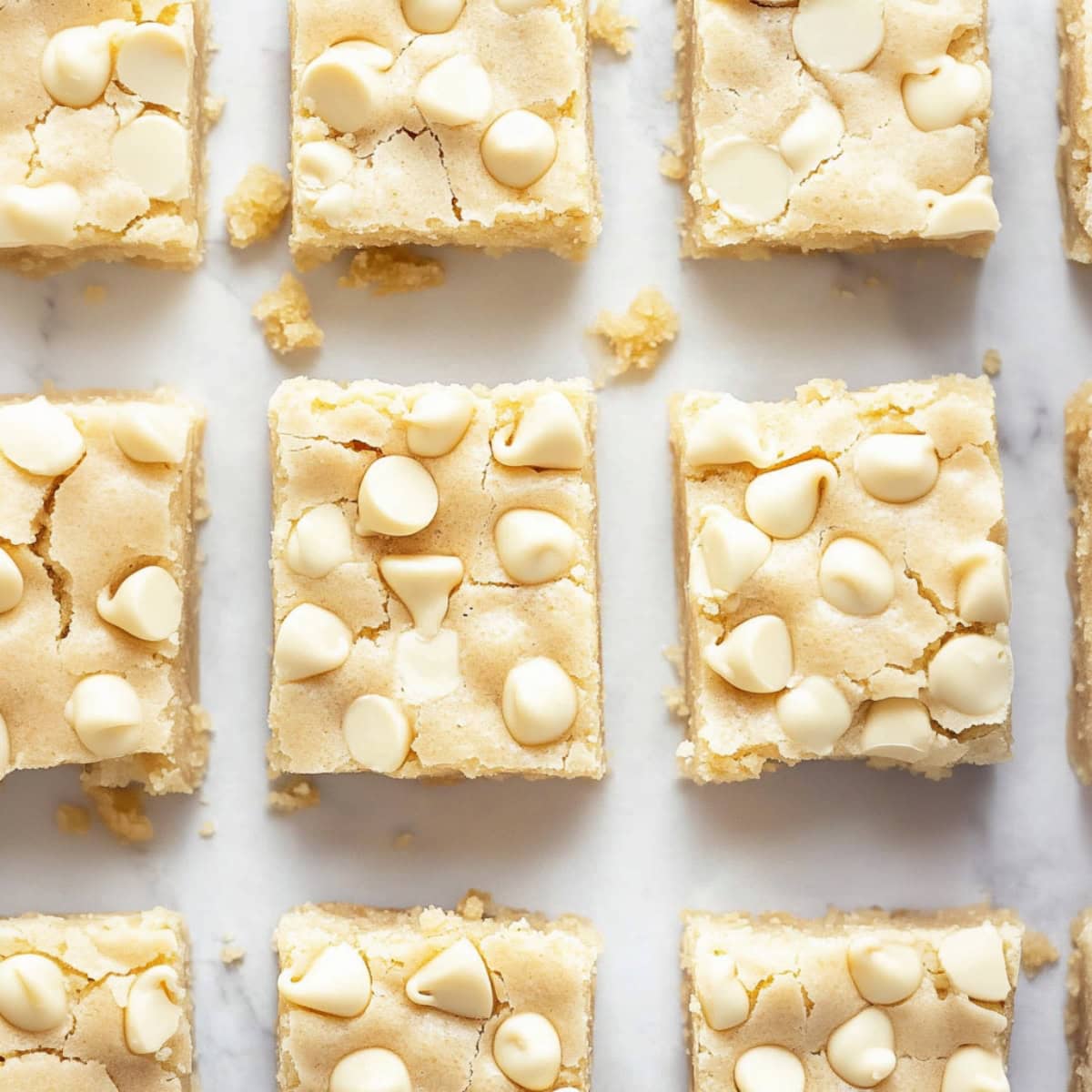 Square slices of white chocolate brownies flat lay on a white marble surface, top view