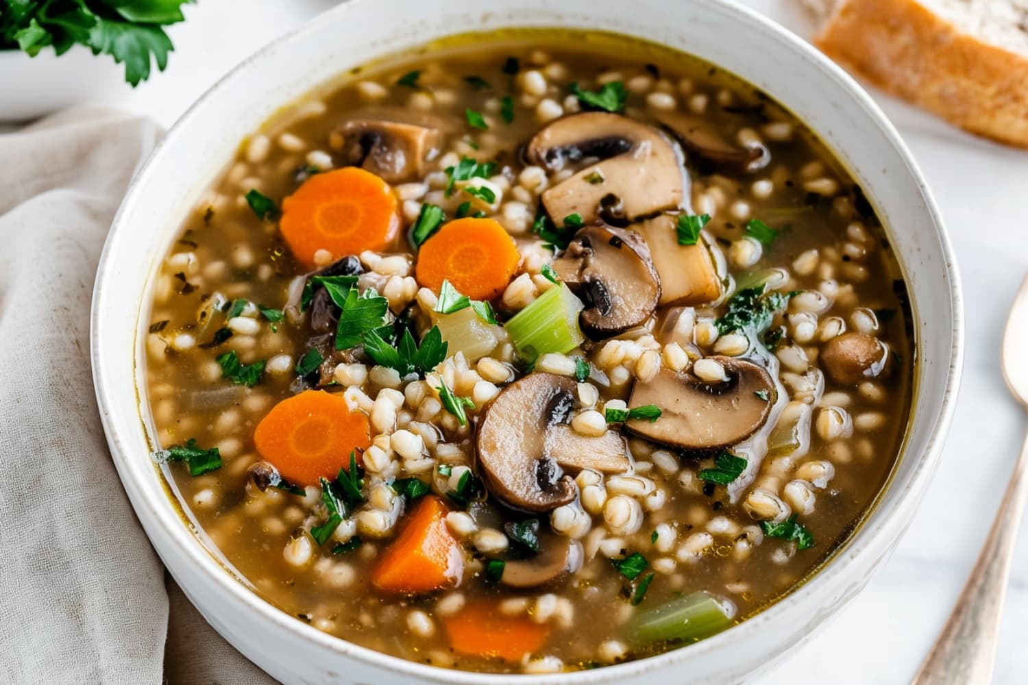 A bowl of homemade warm mushroom barley soup with colorful veggies in a dark, flavorful broth.