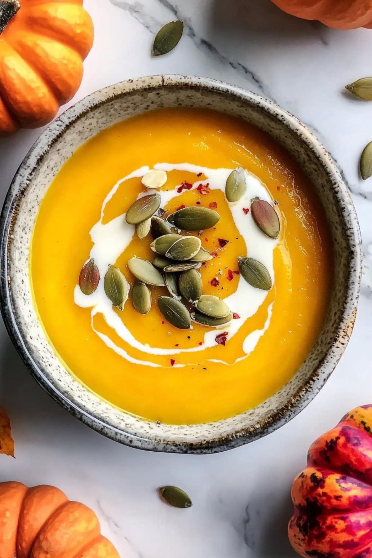 A bowl of Panera autumn squash soup, top view