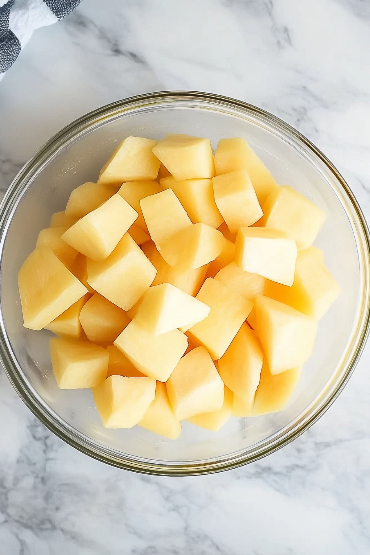 A glass bowl of fresh rutabaga cut into cubes, top view