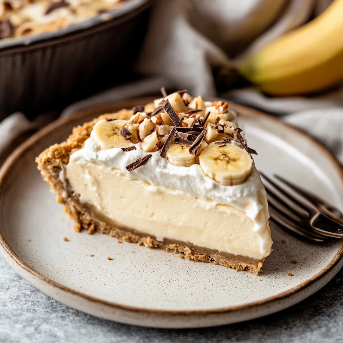 A Slice of Banana Cream Pie on a Plate