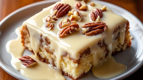 A Slice of Butter Pecan Praline Poke Cake with Pecans